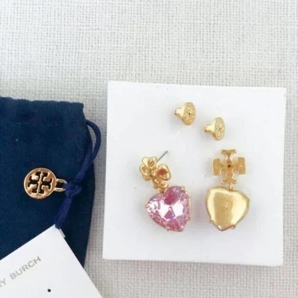 New Tory Burch Roxanne Gold,Pink Crystal Heart Earirng - Picture 3 of 9